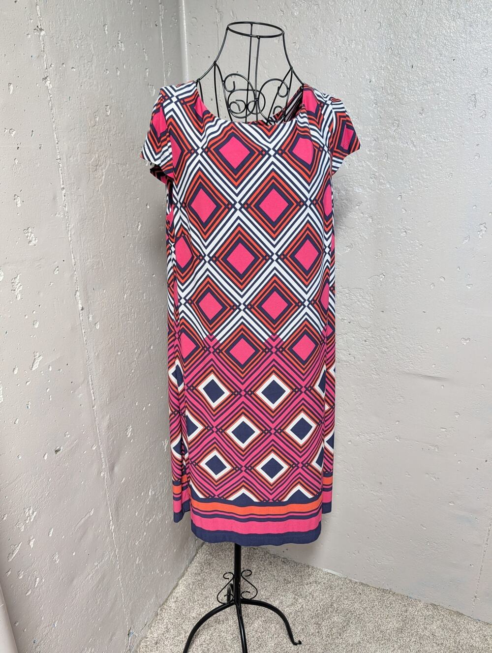 Jessica Howard Retro Geometric Shift Dress XL Pink Navy Mod Print